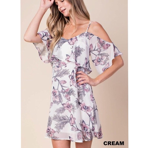 Dresses & Skirts - Cold Shoulder Floral Dress With Ruffle Accent